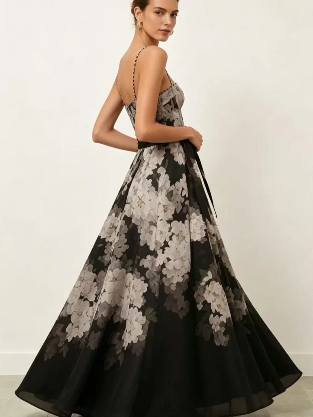 Black Floral Sweetheart Corset Maxi Evening Dress with Sash - Picture 6 of 7